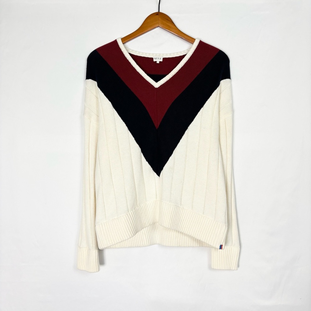 KULE V-Neck Colorblock Sweater in Cream, Black & Burgundy‎